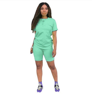 women solid sporting casual two piece set short sleeve