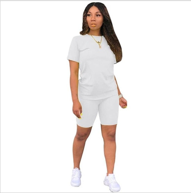 women solid sporting casual two piece set short sleeve