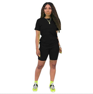 women solid sporting casual two piece set short sleeve