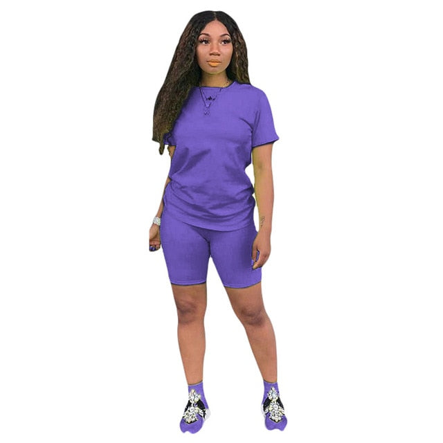 women solid sporting casual two piece set short sleeve