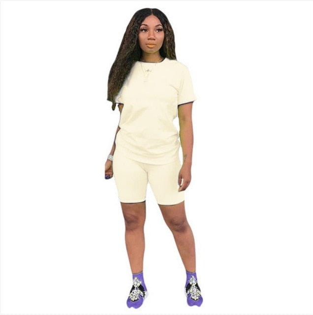 women solid sporting casual two piece set short sleeve