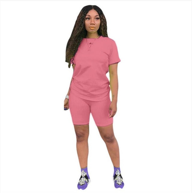 women solid sporting casual two piece set short sleeve