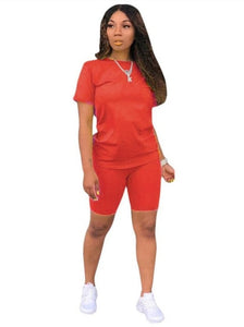 women solid sporting casual two piece set short sleeve