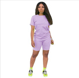 women solid sporting casual two piece set short sleeve