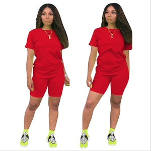 women solid sporting casual two piece set short sleeve