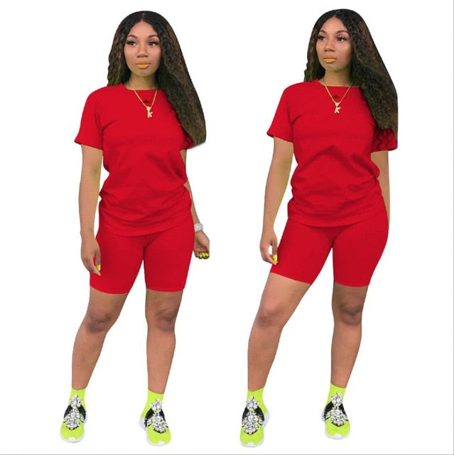 women solid sporting casual two piece set short sleeve