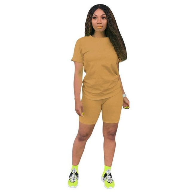 women solid sporting casual two piece set short sleeve