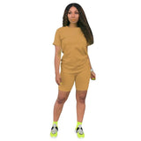 women solid sporting casual two piece set short sleeve