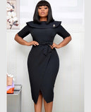 Women Office Ladies Dress with Waist Belt Short Sleeve