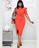 Women Office Ladies Dress with Waist Belt Short Sleeve